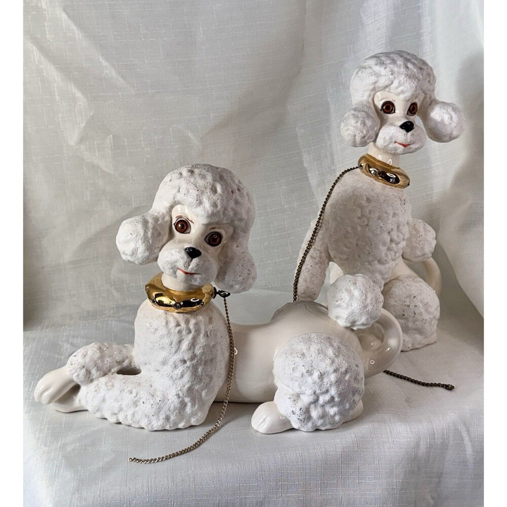 Vintage Pair Of Large White Ceramic Poodles Gold Collar Atlantic Mold 1960’s